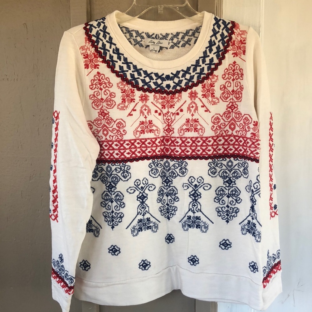 Lucky Lotus Embroidered Top Sweatshirt Womens Size L